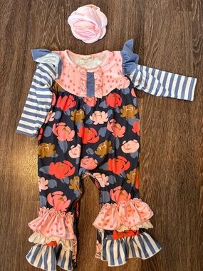 Marie Nicole Baby Girls Floral & Pink Ruffle One-Piece Romper sz 6-12 m & Bow